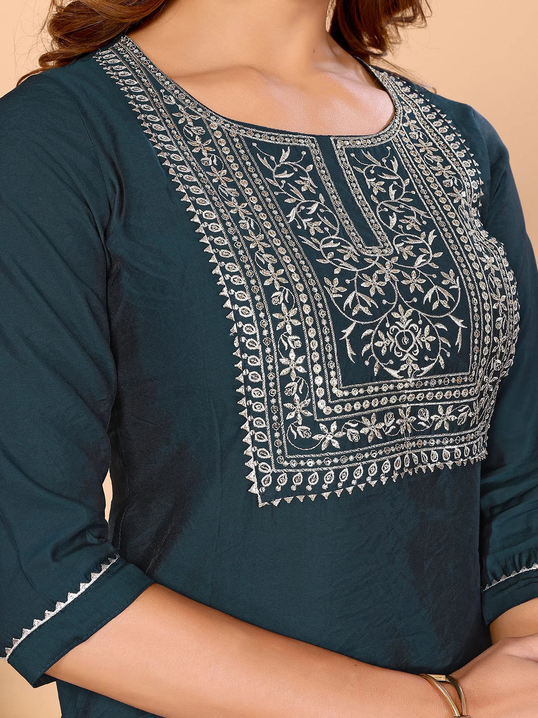Buy Viscose Poly Embroidered Straight Calf Length Kurta-Teal