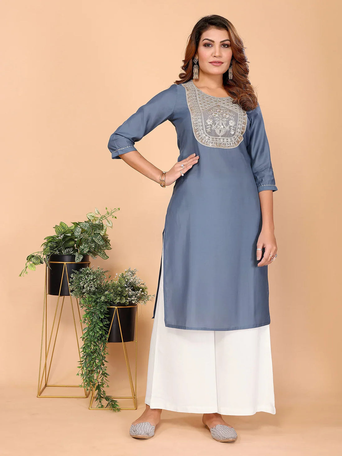 Buy Viscose Poly Embroidered Straight Calf Length Kurta-Grey