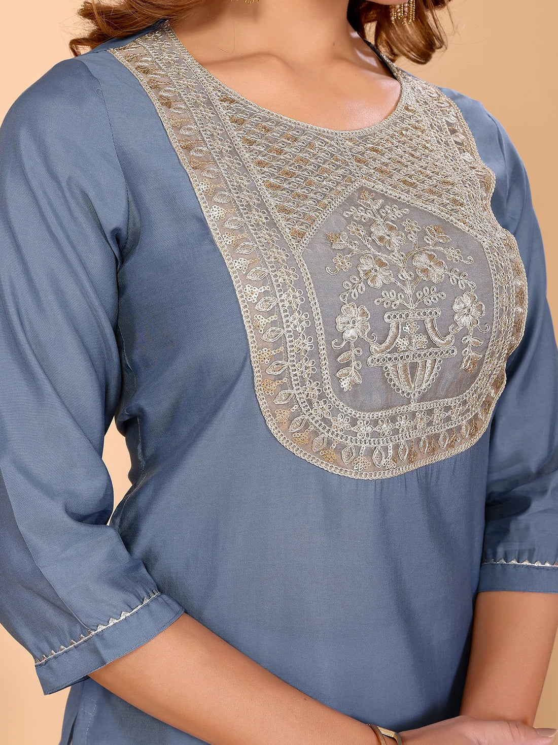 Buy Viscose Poly Embroidered Straight Calf Length Kurta-Grey