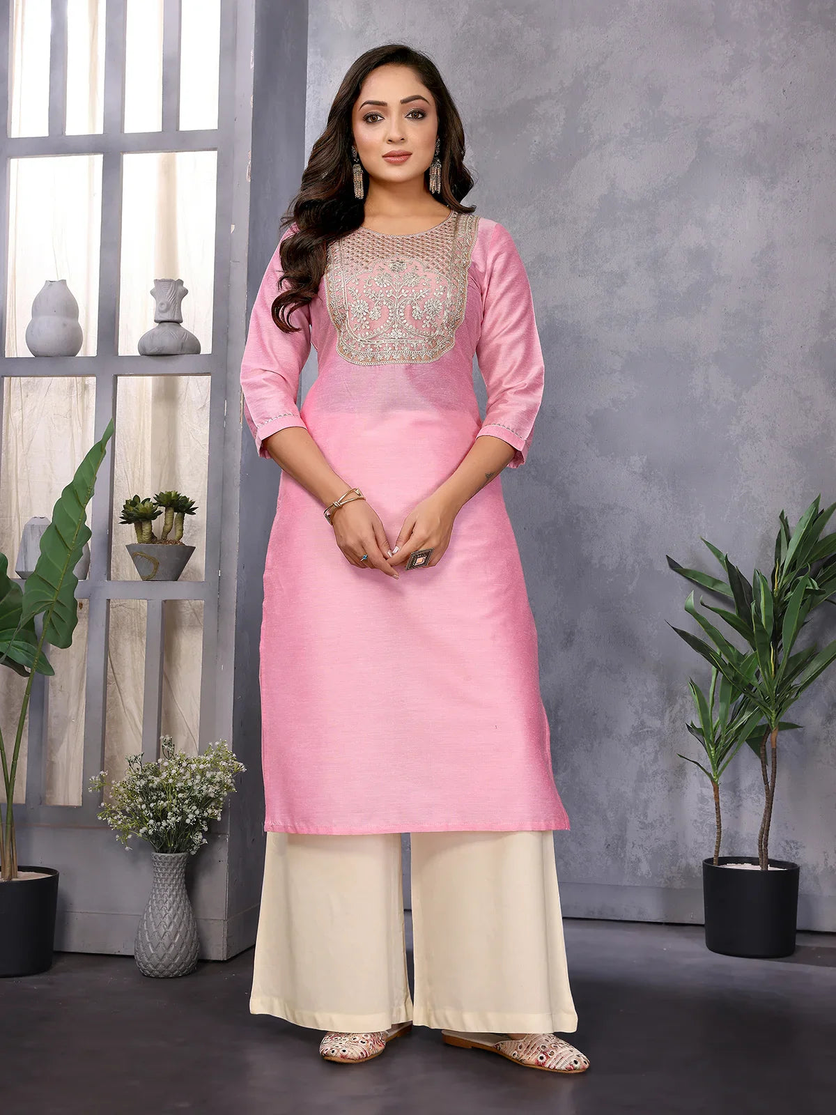 Viscose Blend Embroidered Straight Calf Length Kurta Rangita