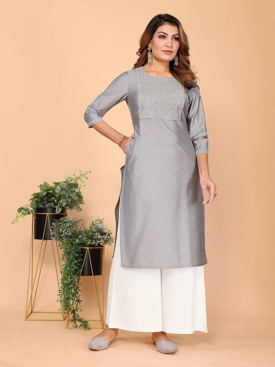 Buy Viscose Poly Embroidered Straight Calf Length Kurta-Grey