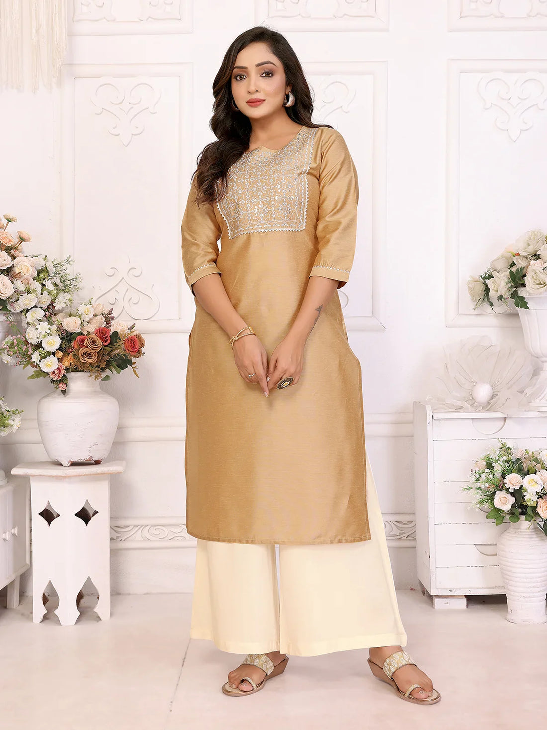 Buy Viscose Blend Embroidered Straight Calf Length Kurta-Mustard