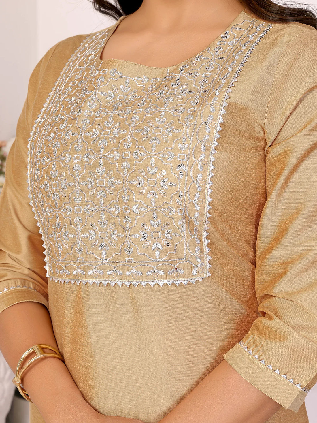 Buy Viscose Blend Embroidered Straight Calf Length Kurta-Mustard