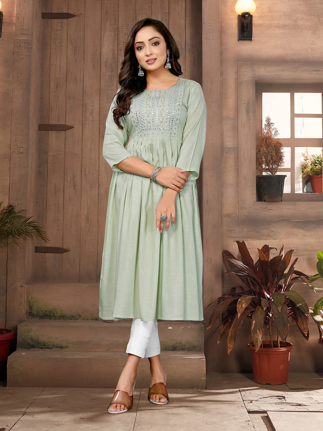 Buy Rayon Embroidered Flared Calf Length Kurta-Light Green