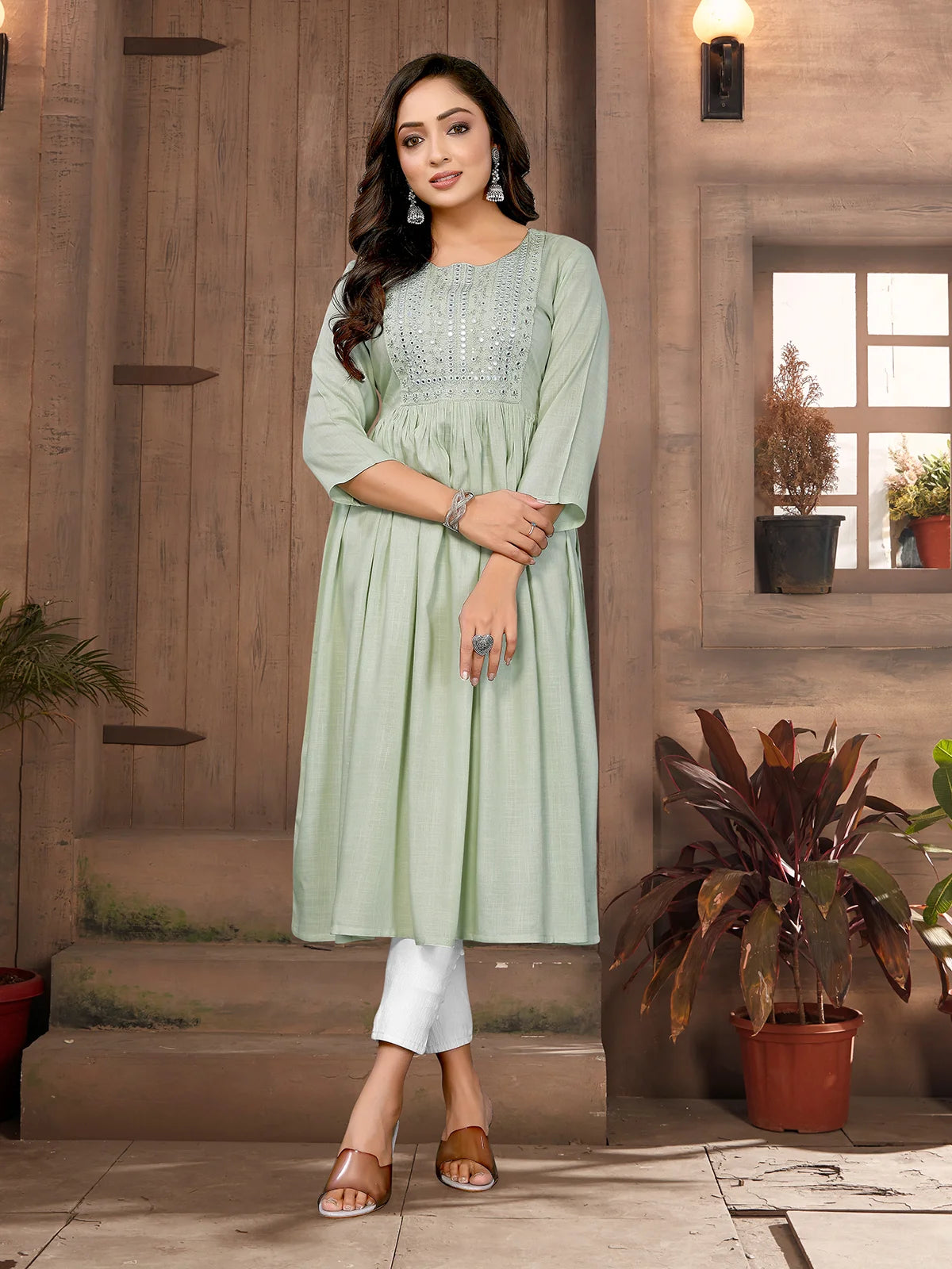 Buy Rayon Embroidered Flared Calf Length Kurta-Light Green