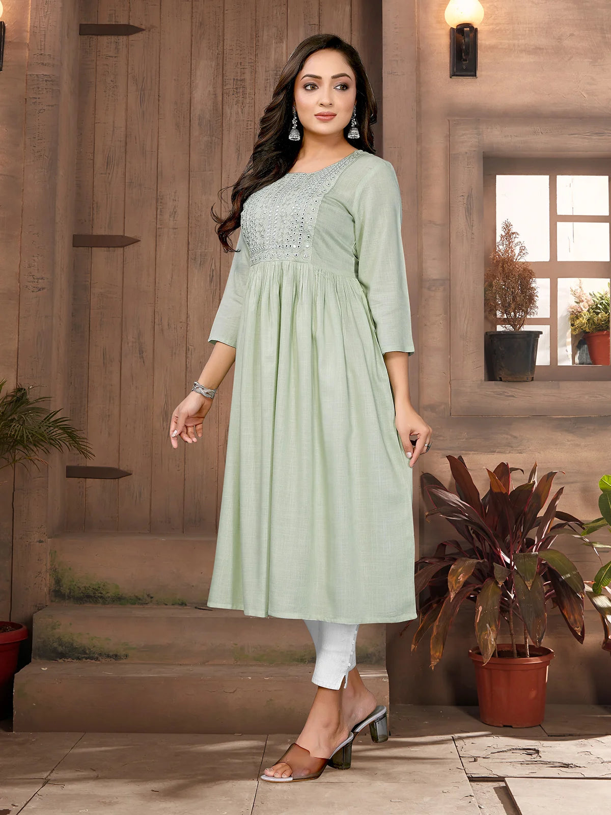 Buy Rayon Embroidered Flared Calf Length Kurta-Light Green