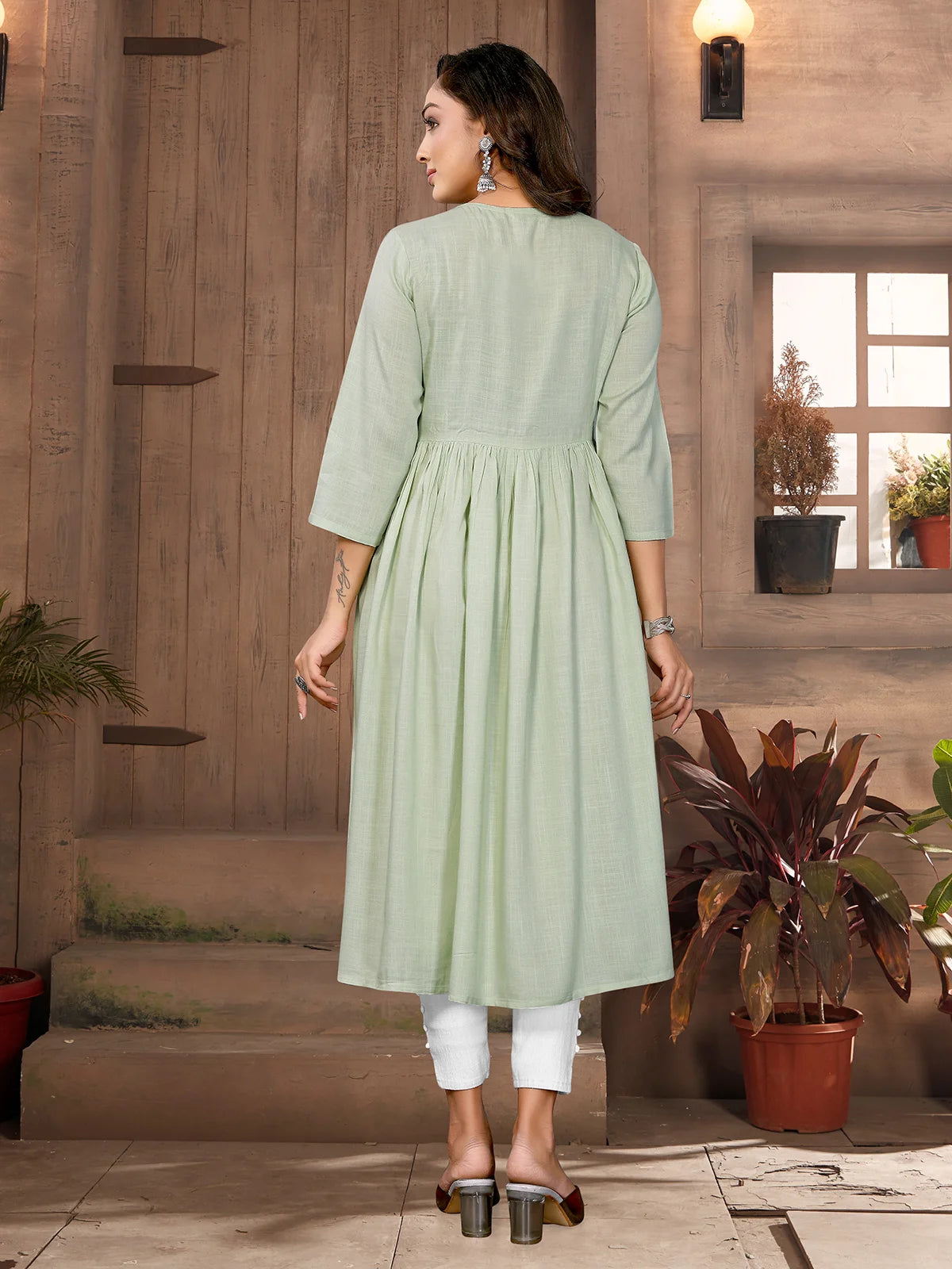 Buy Rayon Embroidered Flared Calf Length Kurta-Light Green