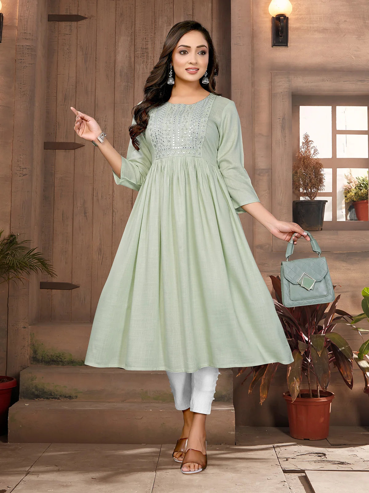 Buy Rayon Embroidered Flared Calf Length Kurta-Light Green