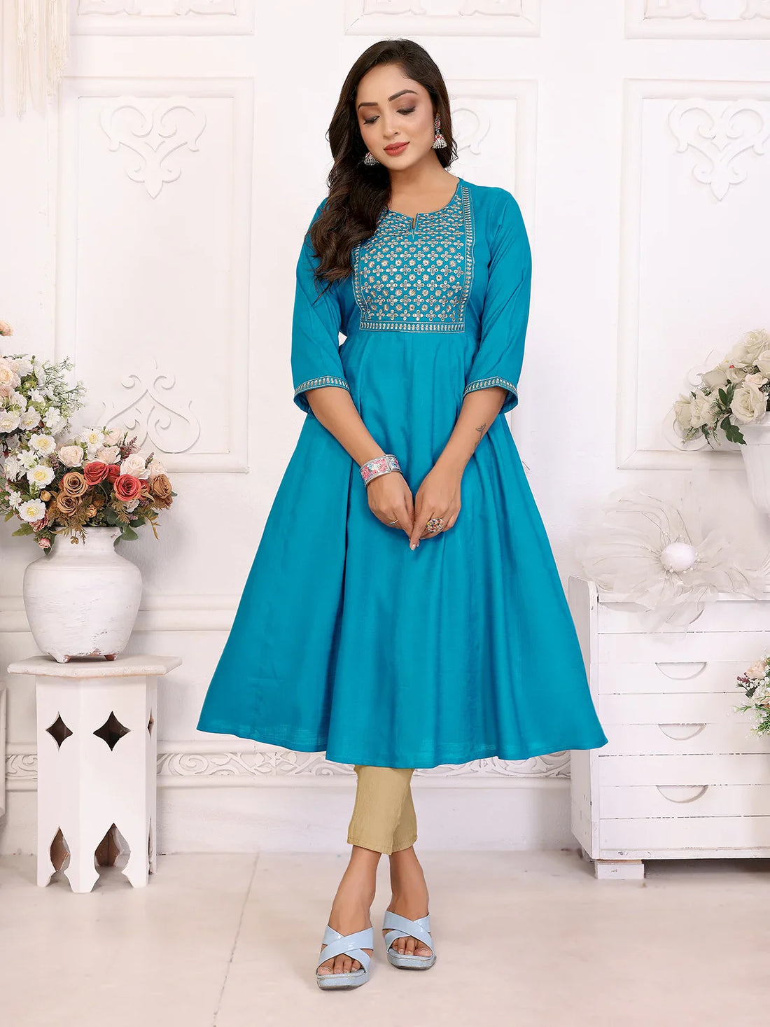Buy Rayon Embroidered Flared Calf Length Kurta-Turquoise