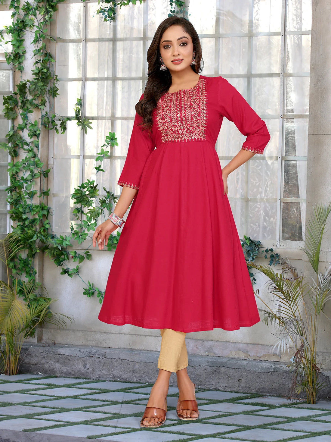 Buy Rayon Embroidered   Fla Calf Length Kurta-Red