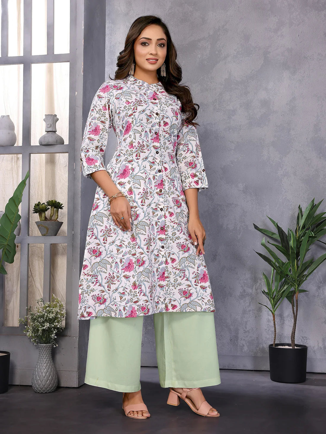Buy Cotton Printed A-line Calf Length Kurta-Off White