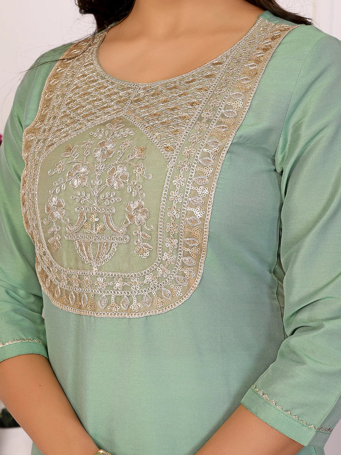 Buy Viscose Blend Embroidered Straight Calf Length Kurta-Green
