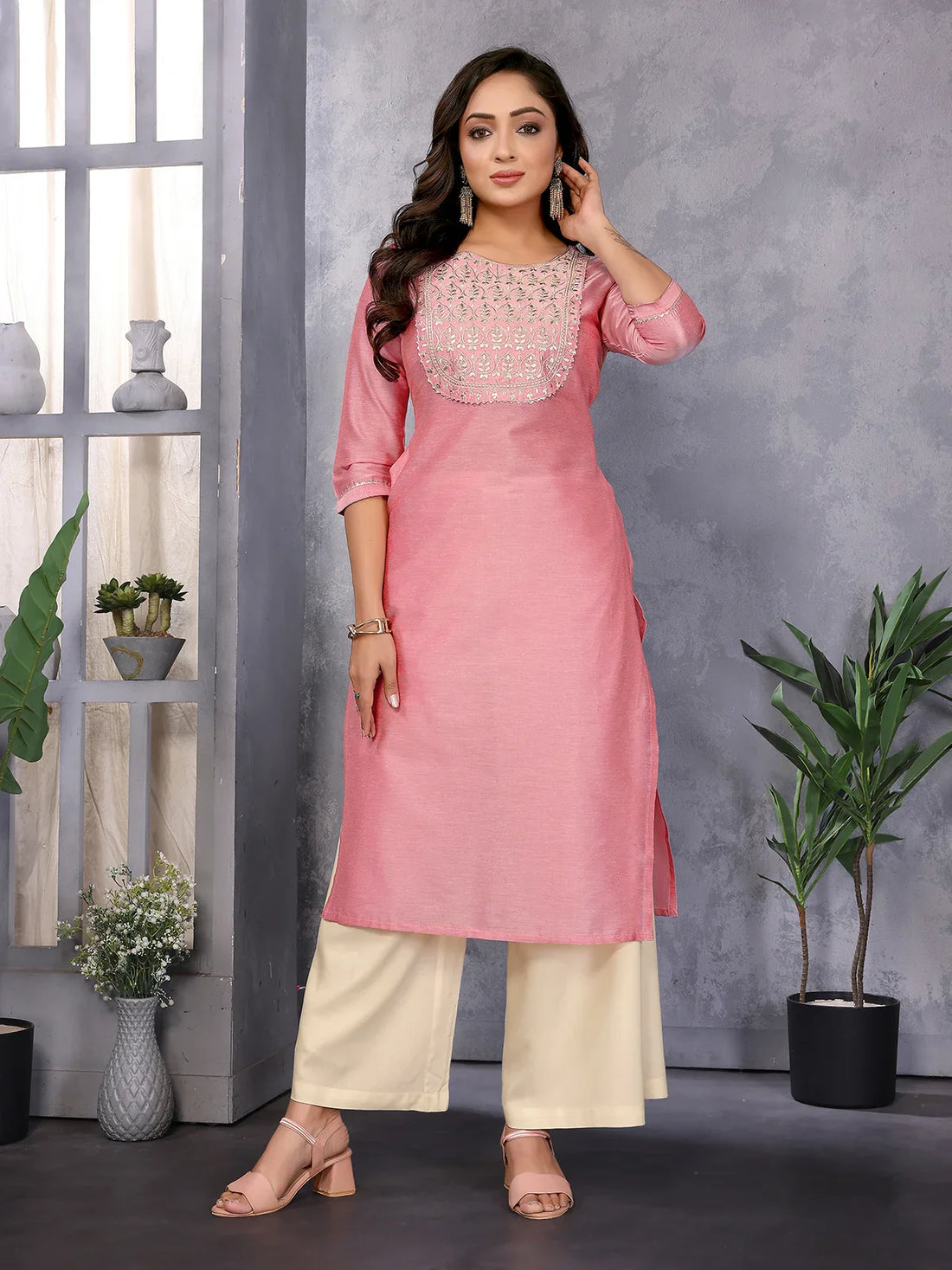 Buy Viscose Blend Embroidered Straight Calf Length Kurta-Peach