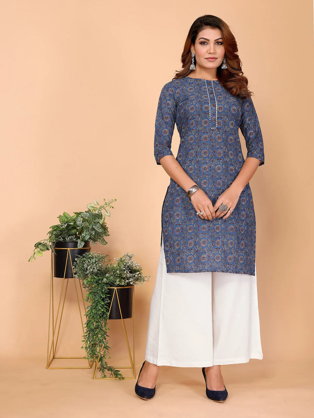 Buy Cotton Printed Straight Knee Length Kurta-Navy Blue