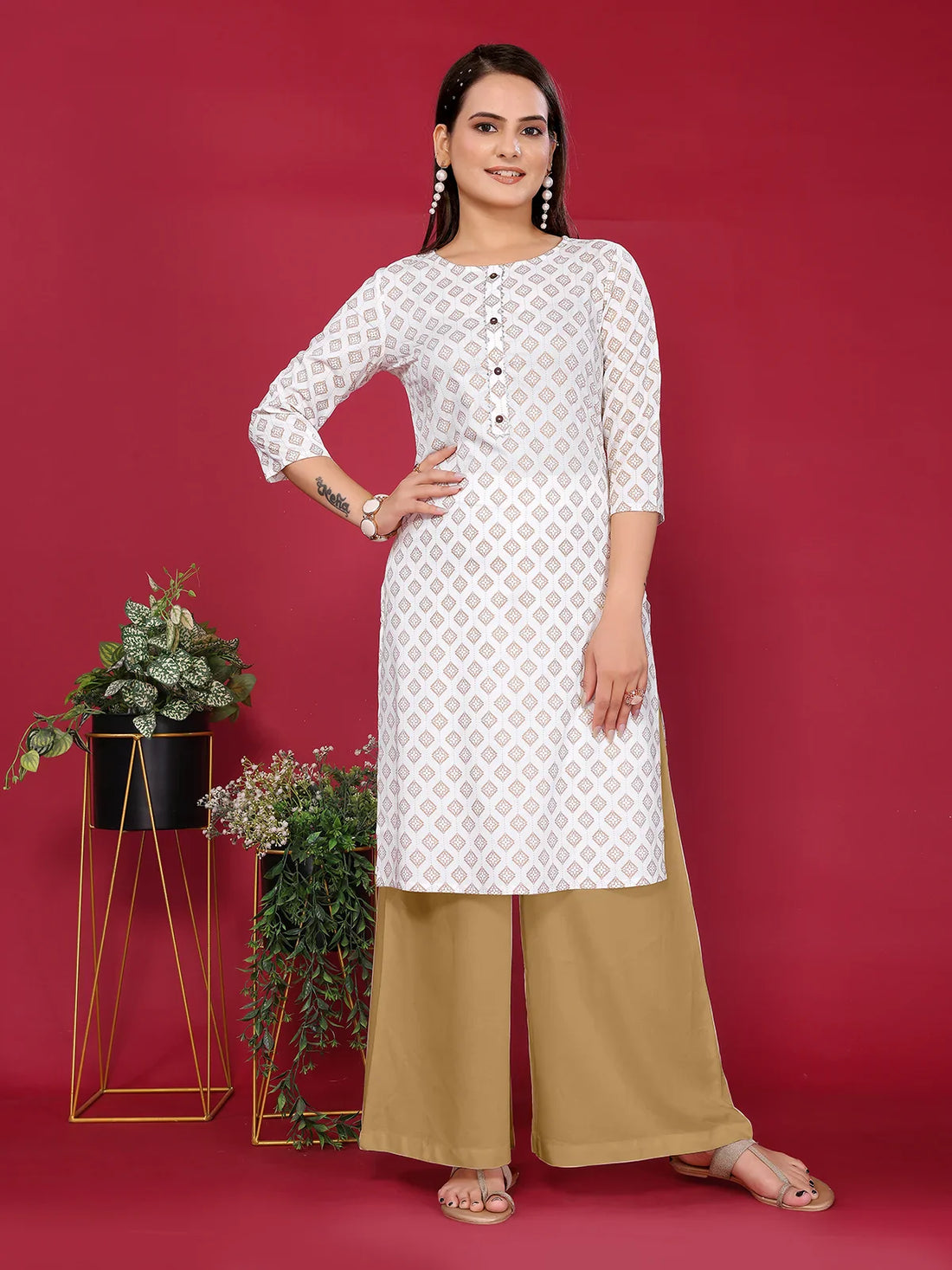 Buy Rayon Printed Straight Knee Length Kurta-Off White