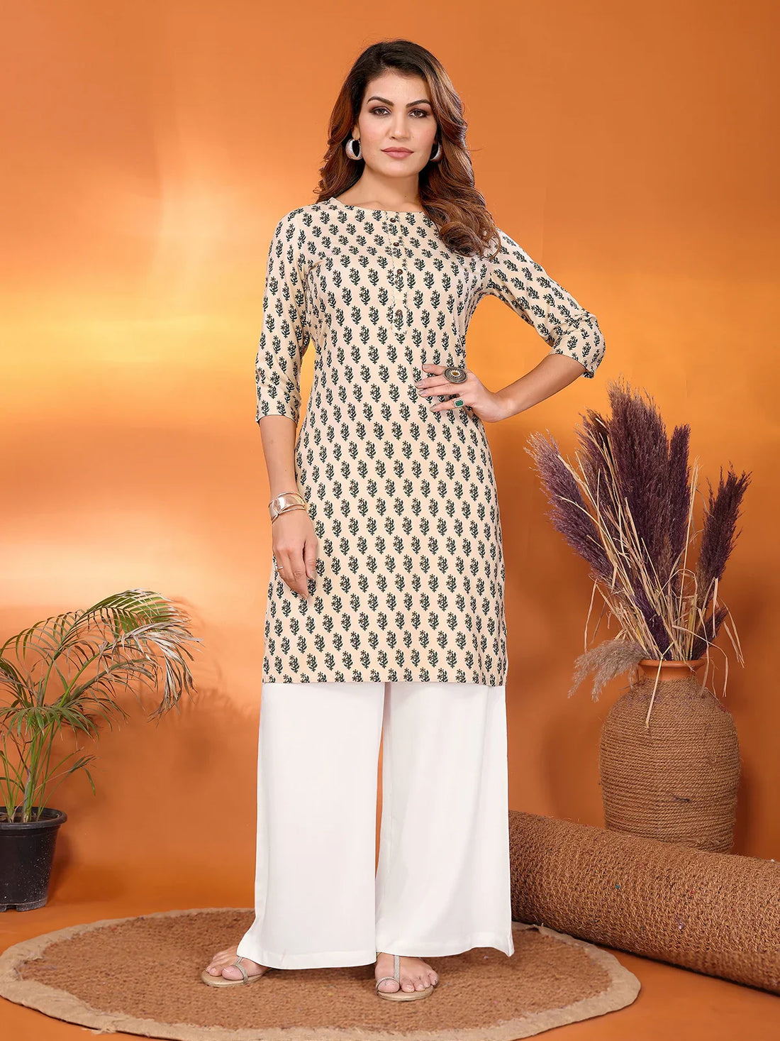 Buy Rayon Printed Straight Knee Length Kurta-Beige