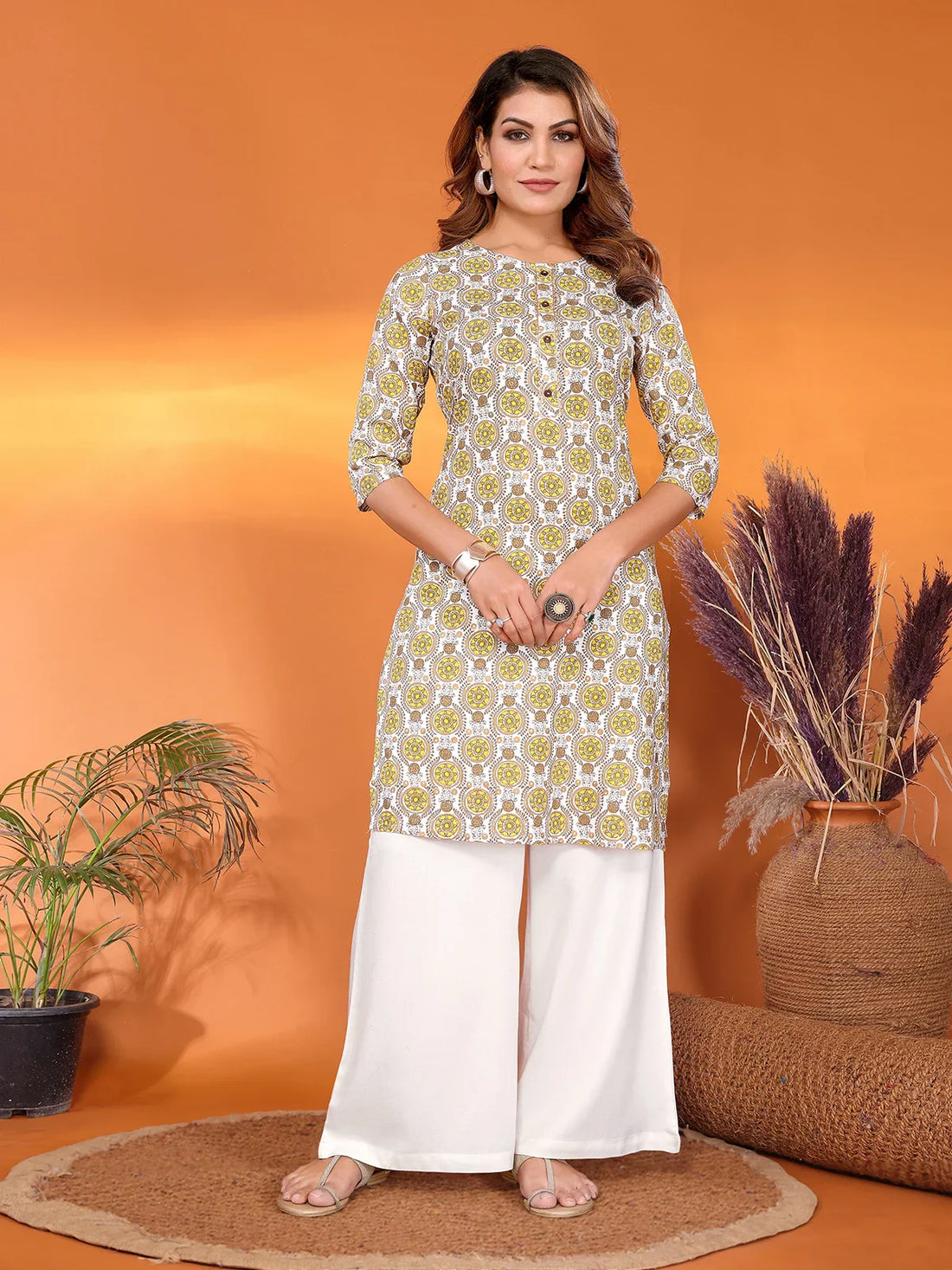 Buy Rayon Printed Straight Knee Length Kurta-Off White