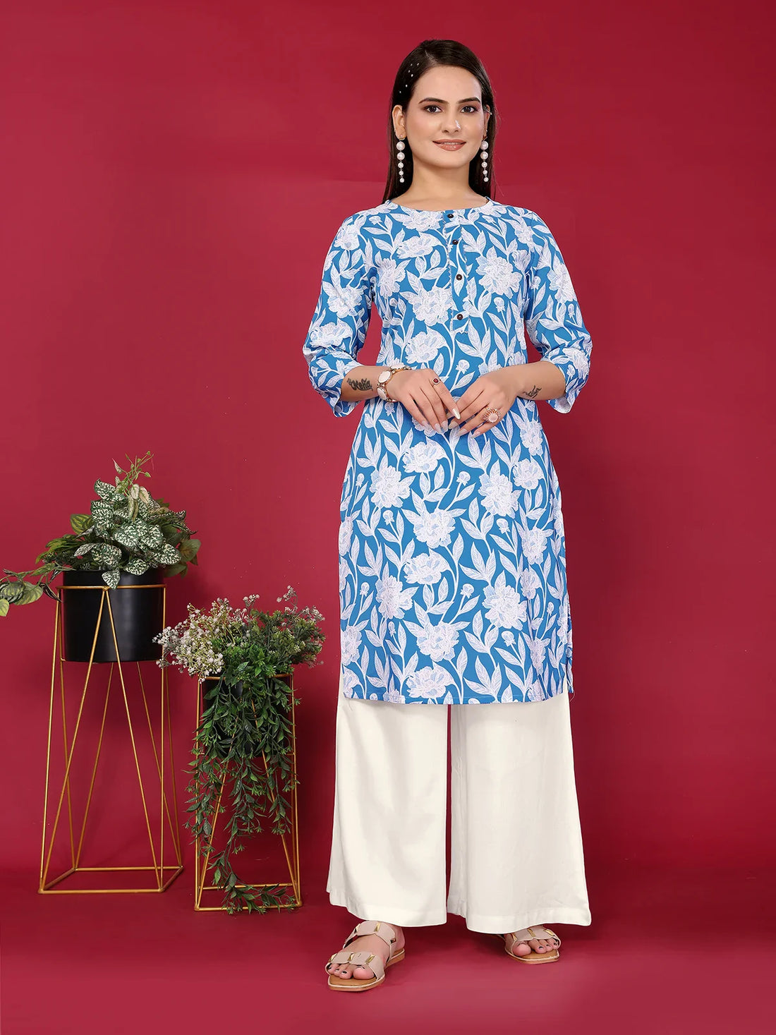Buy Rayon Printed Straight Knee Length Kurta-Light Blue