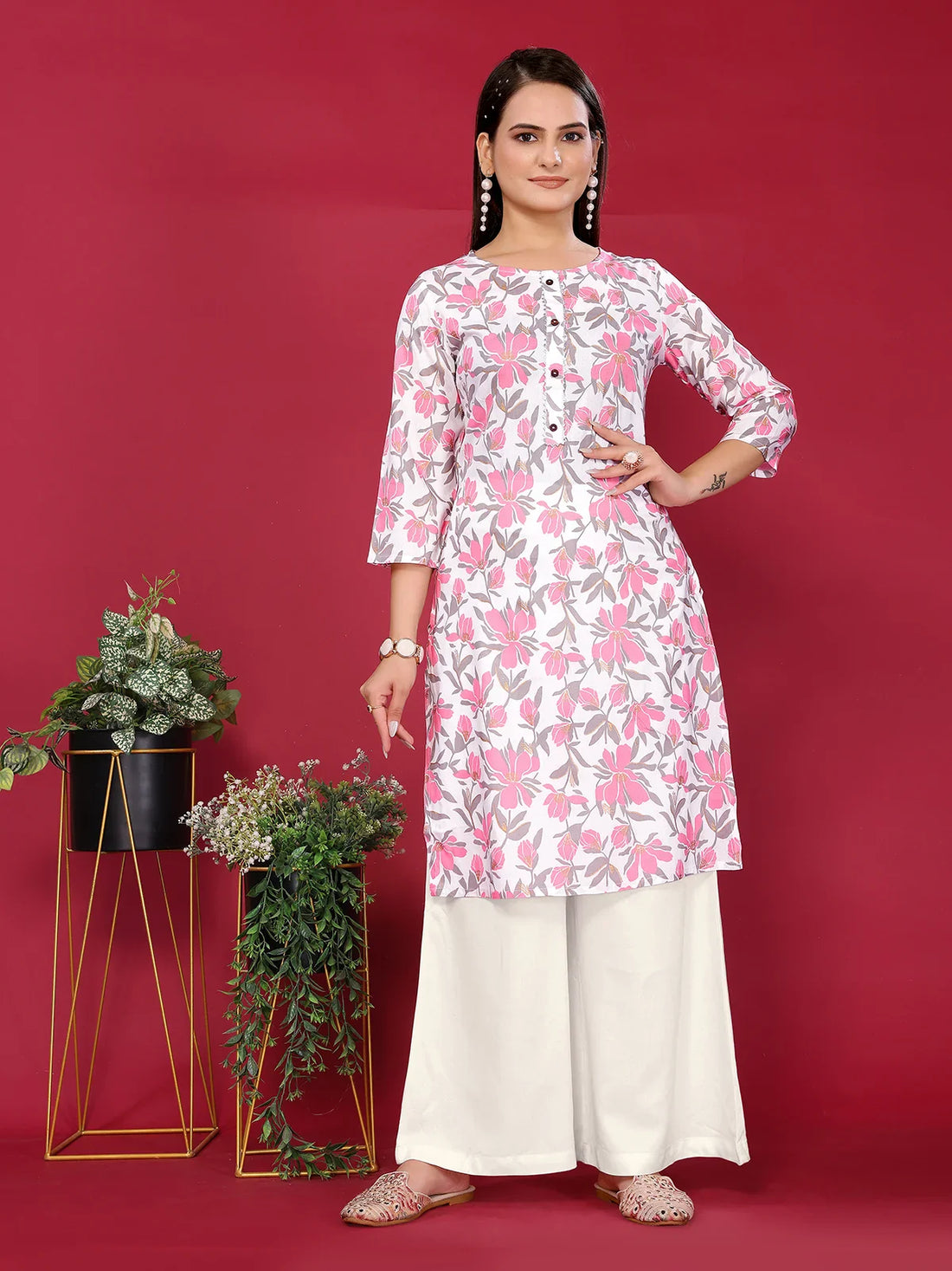 Buy Rayon Printed Straight Knee Length Kurta-Pink