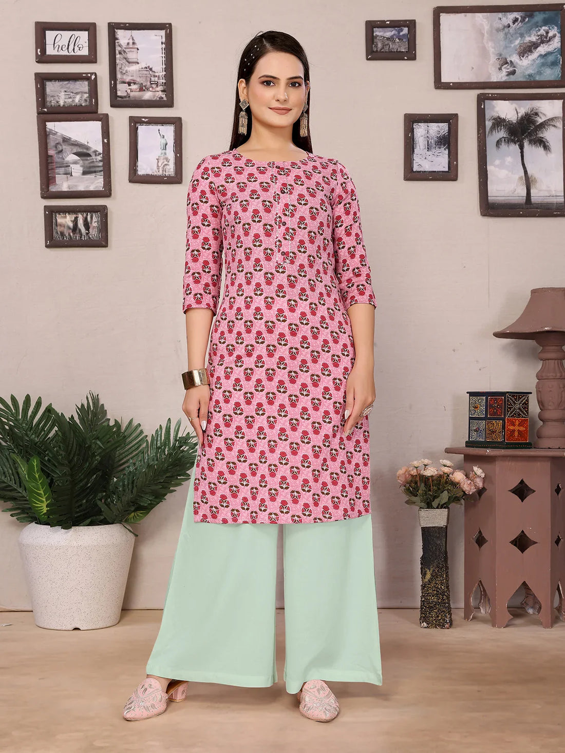 Buy Rayon Printed Straight Knee Length Kurta-Light Pink