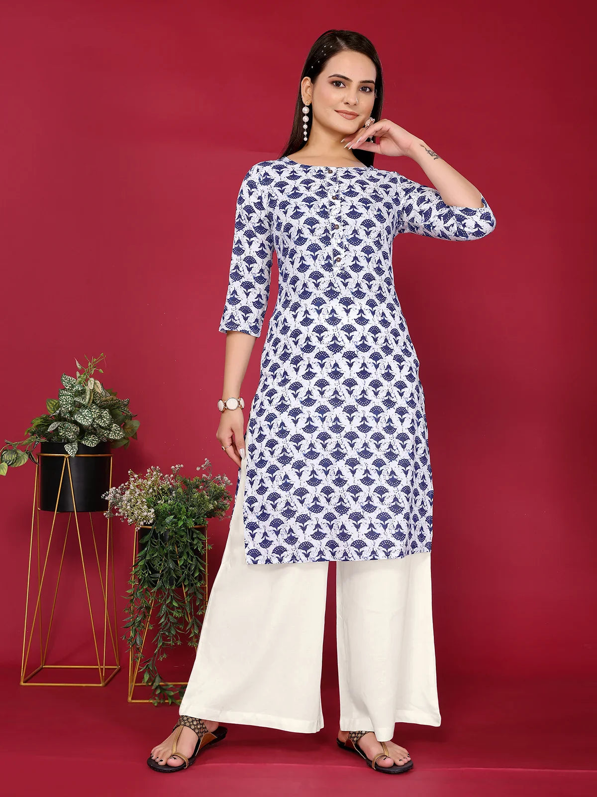 Rayon Printed Straight Knee Length Kurta Off White XXL Rangita