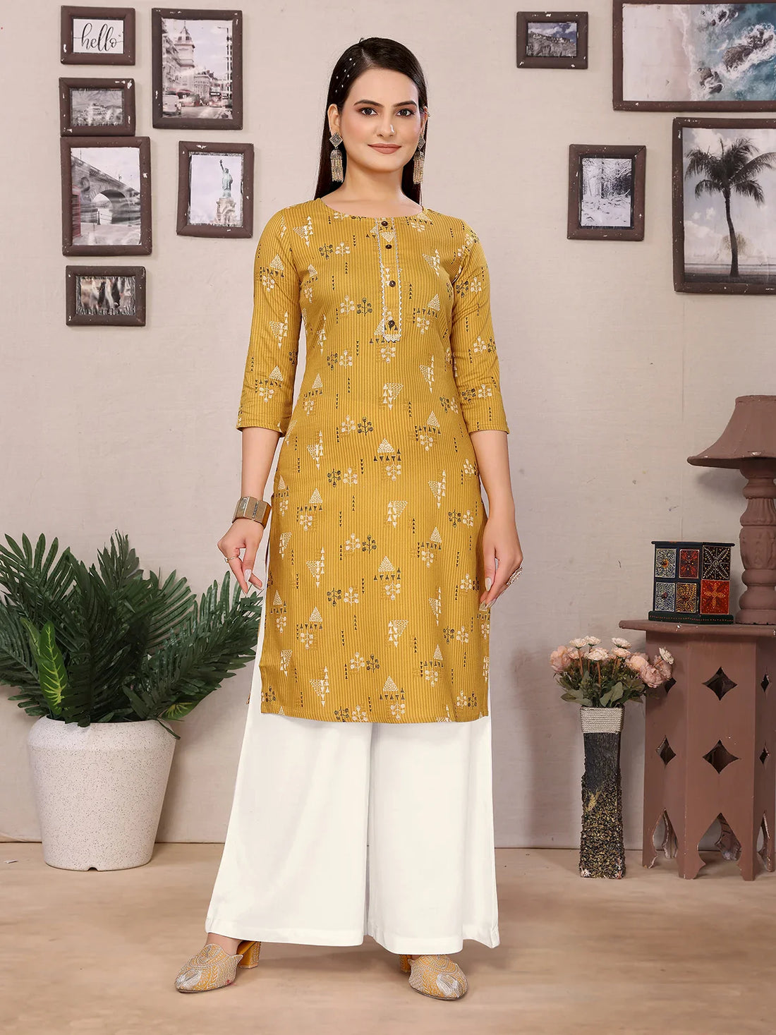 Buy Rayon Printed Straight Knee Length Kurta-Mustard