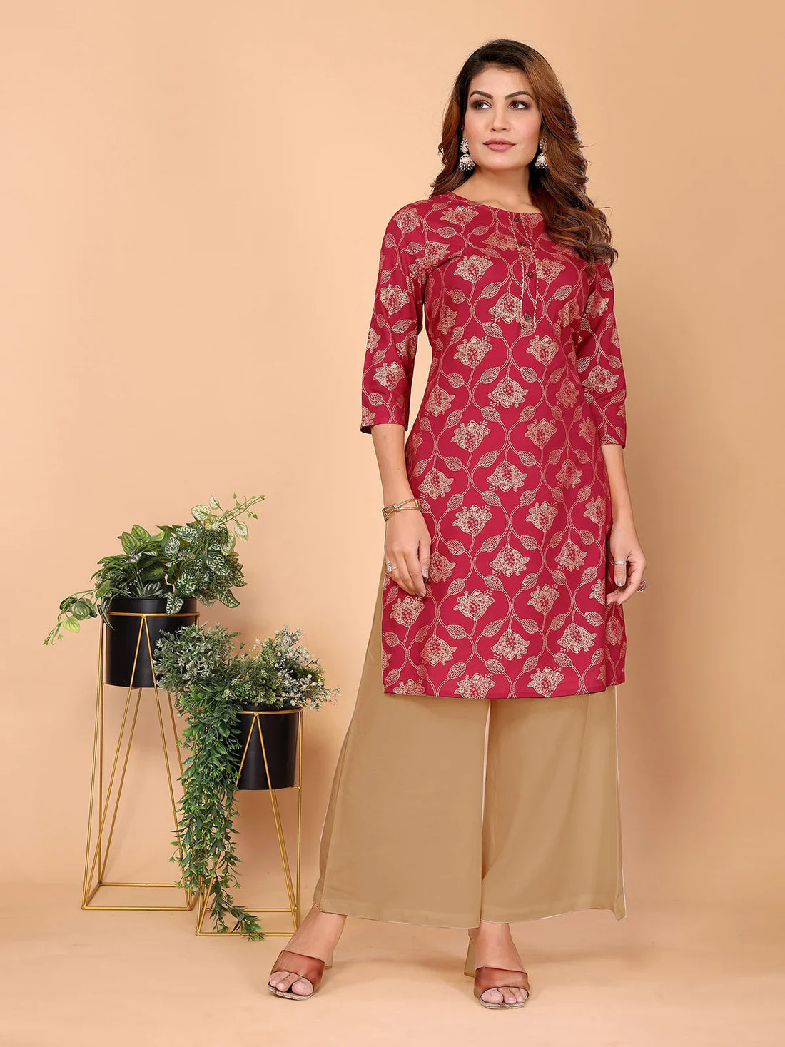 Buy Rayon Printed Straight Knee Length Kurta-Maroon