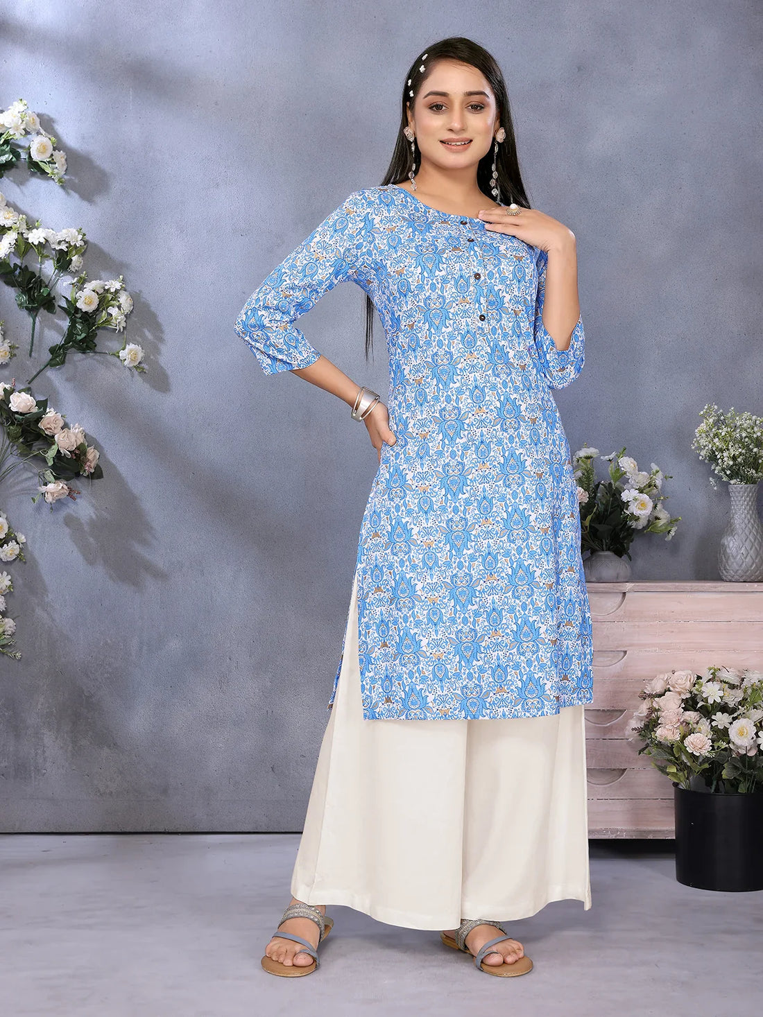 Buy Rayon Printed Straight Knee Length Kurta-Blue
