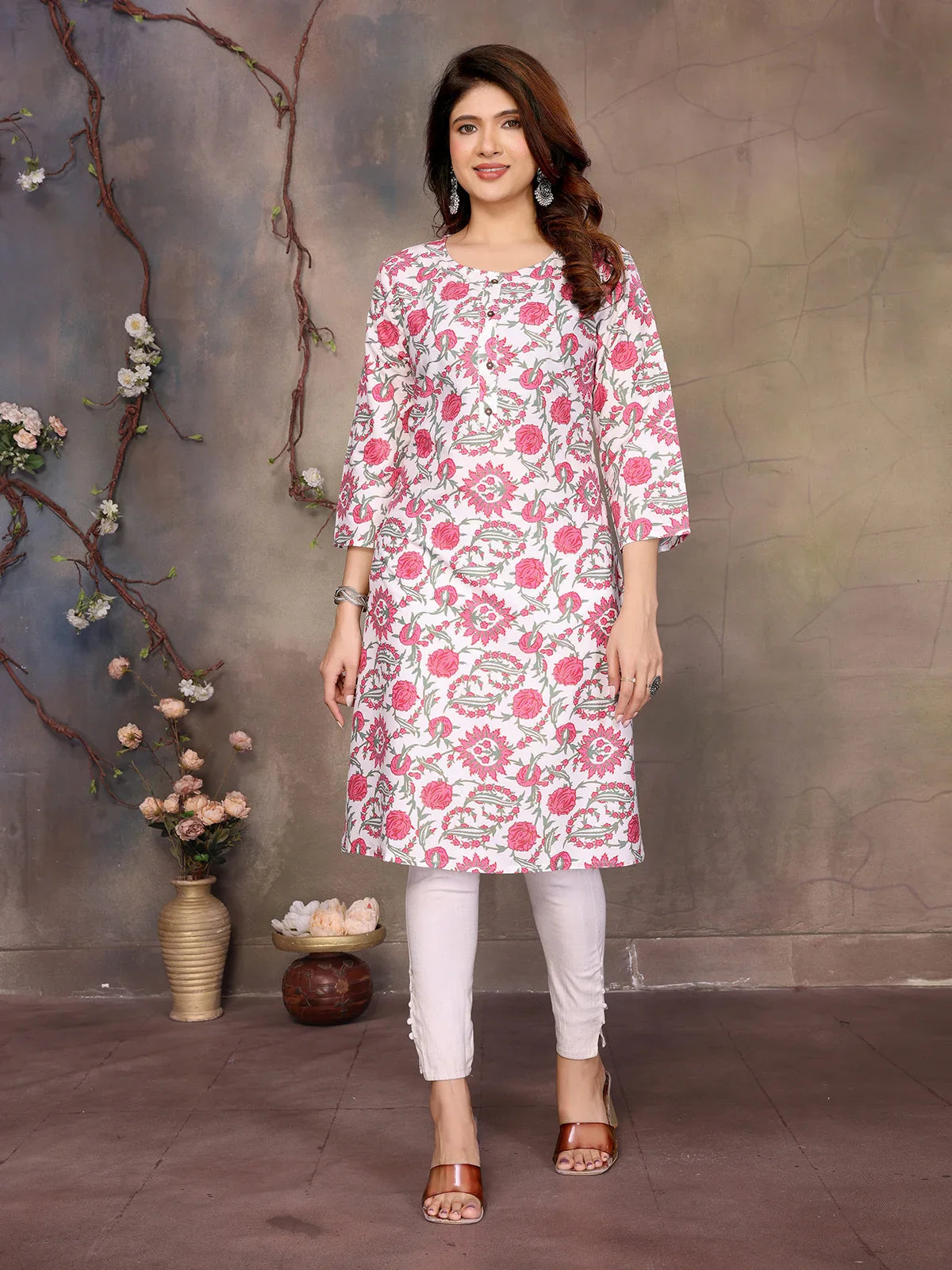 Buy Rayon Printed Straight Knee Length Kurta-Pink