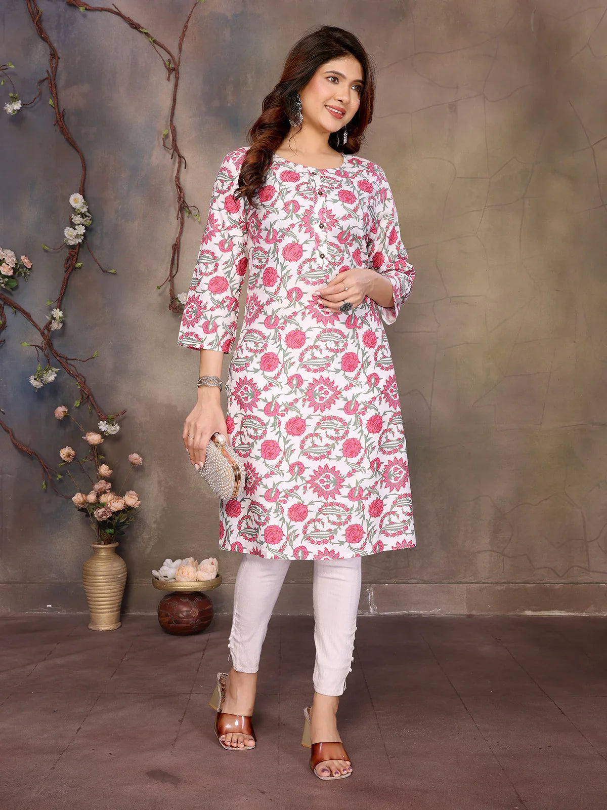 Buy Rayon Printed Straight Knee Length Kurta-Pink