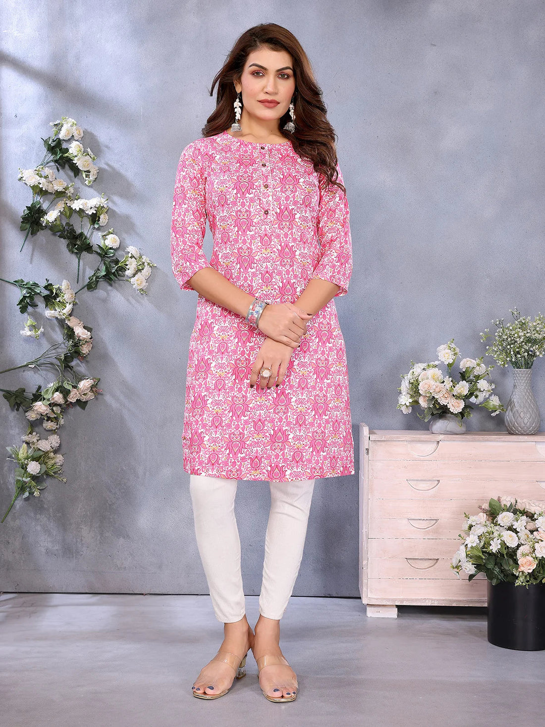 Buy Rayon Printed Straight Knee Length Kurta-Pink