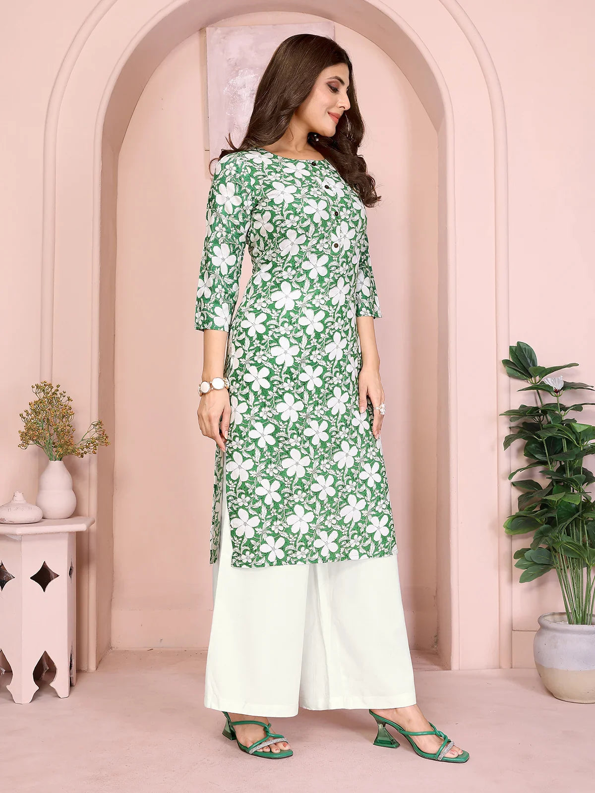 Buy Rayon Printed Straight Knee Length Kurta-Green