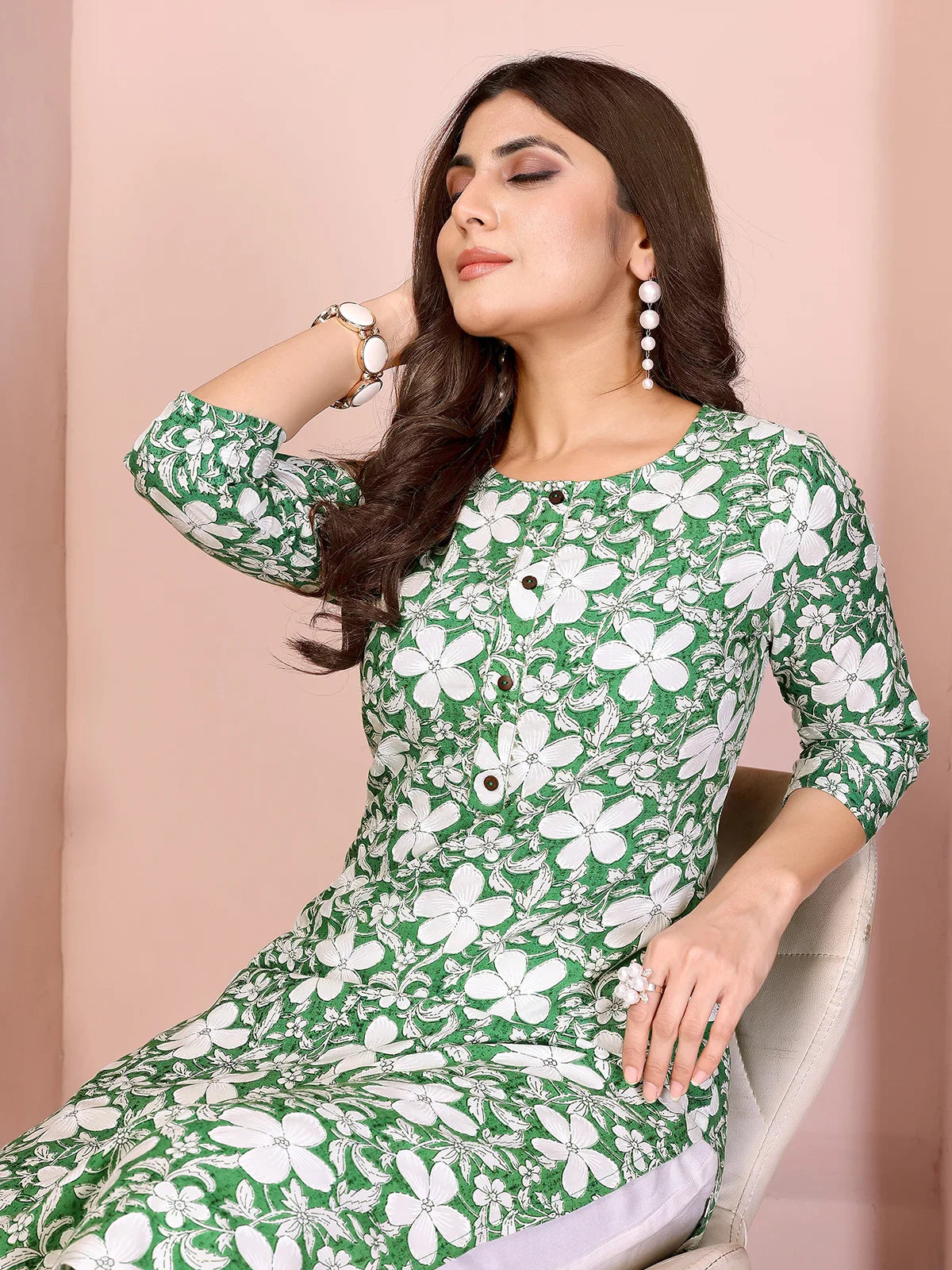 Buy Rayon Printed Straight Knee Length Kurta-Green