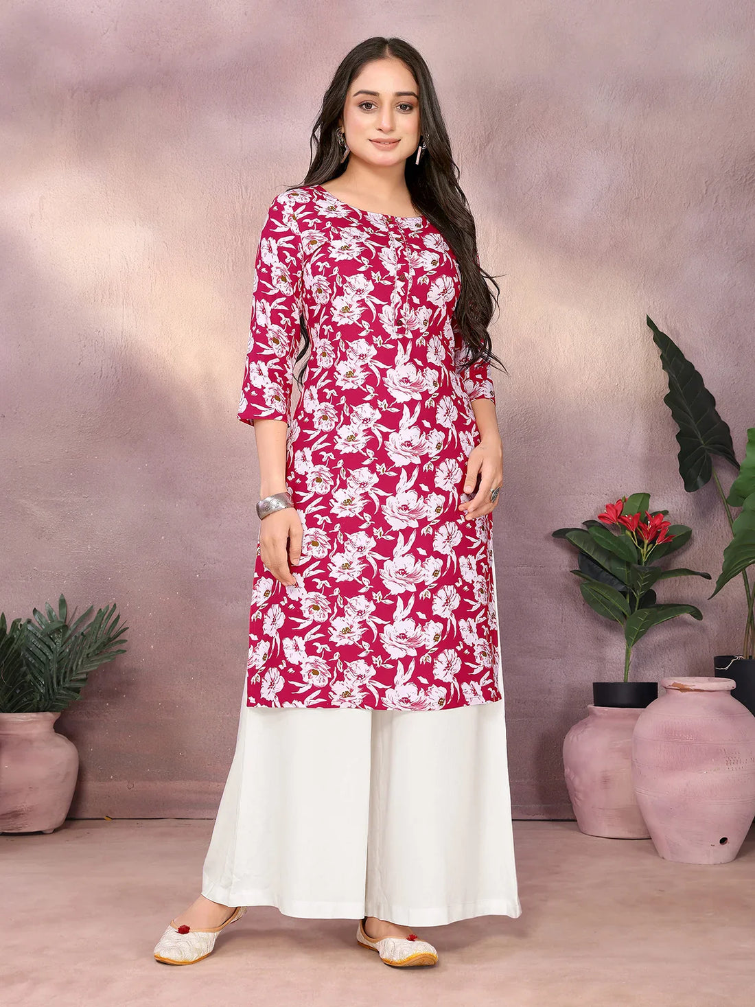 Buy Rayon Printed Straight Knee Length Kurta-Pink