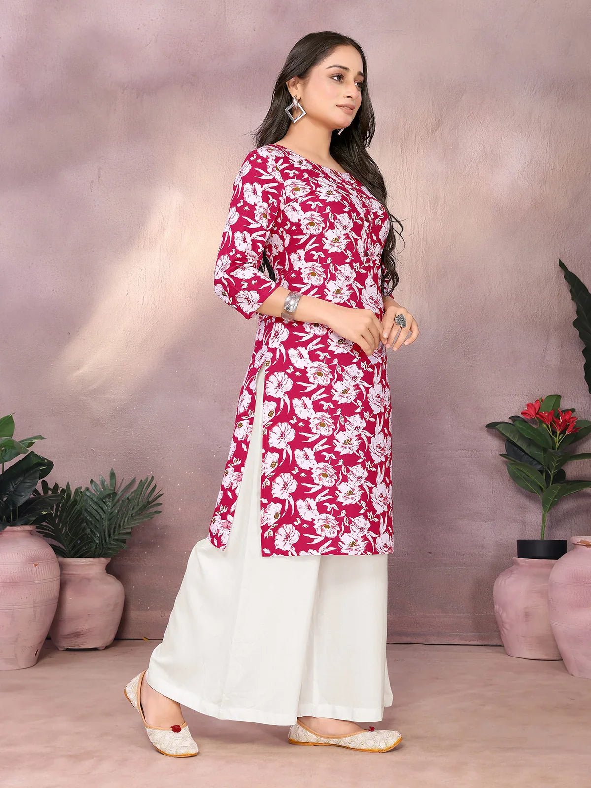 Buy Rayon Printed Straight Knee Length Kurta-Pink