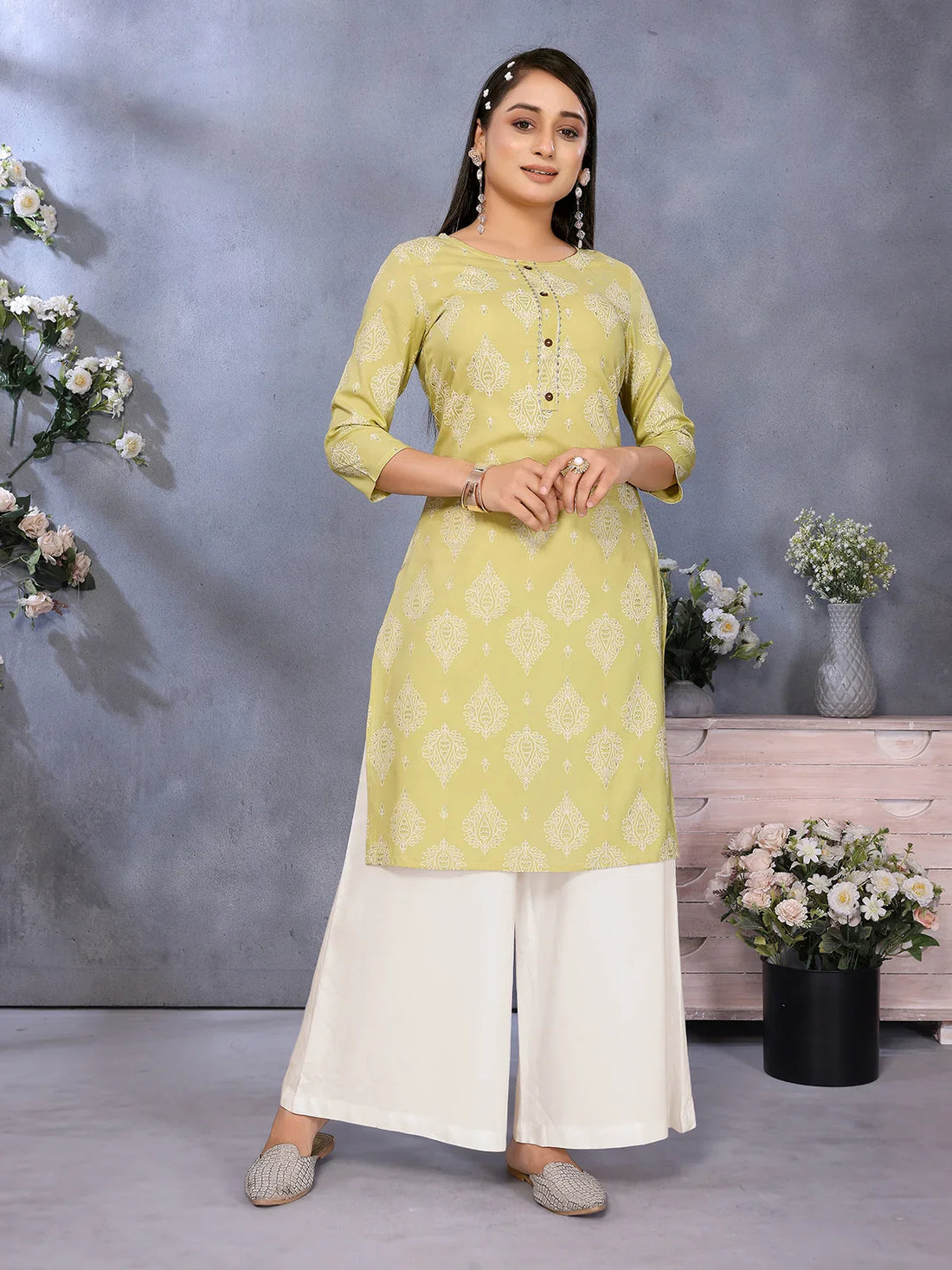 Buy Rayon Printed Straight Knee Length Kurta-Yellow