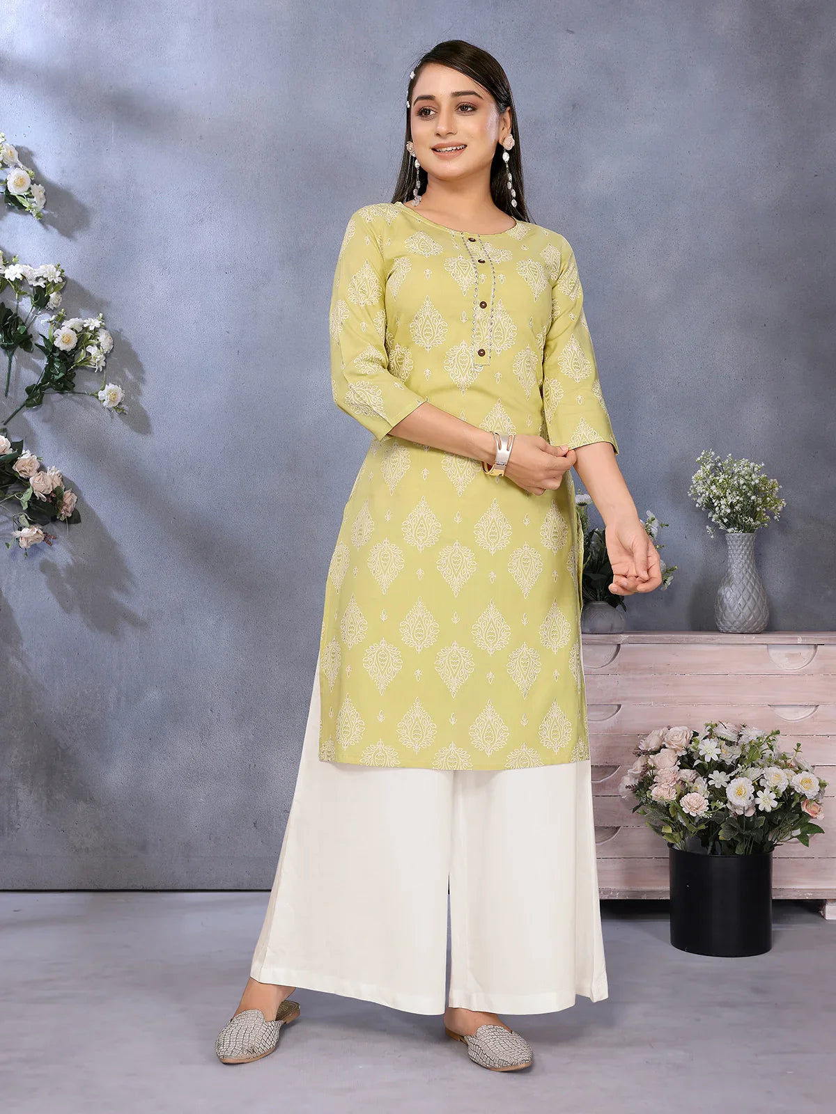 Buy Rayon Printed Straight Knee Length Kurta-Yellow