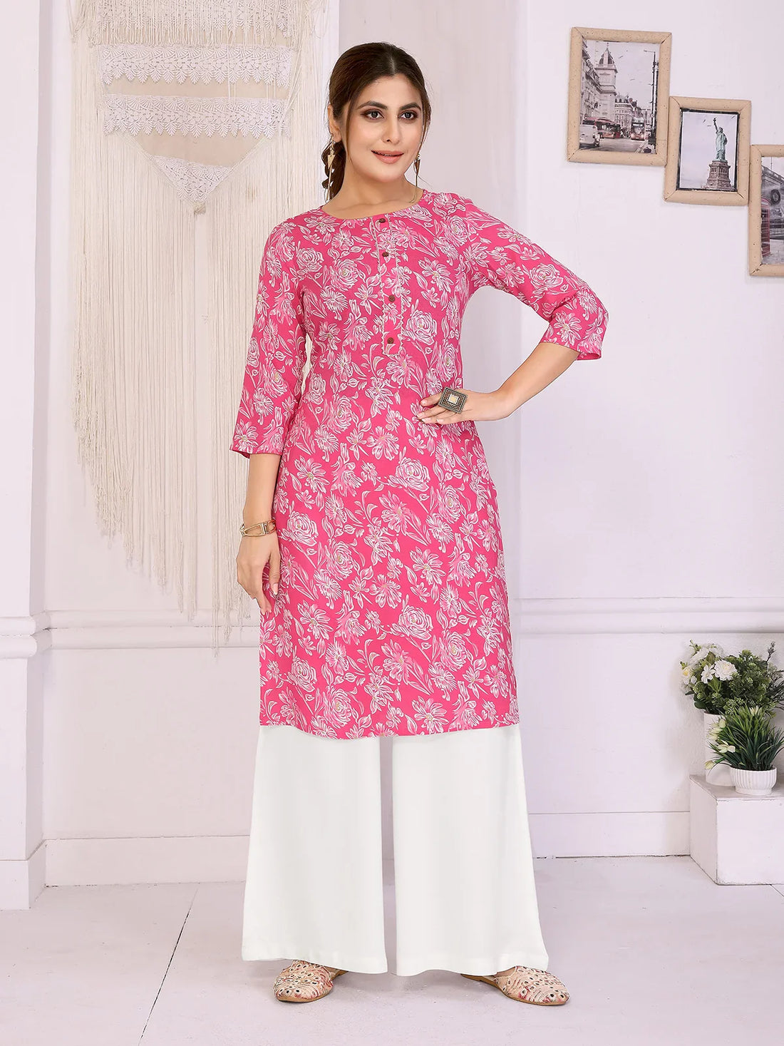 Buy Rayon Printed Straight Knee Length Kurta-Pink