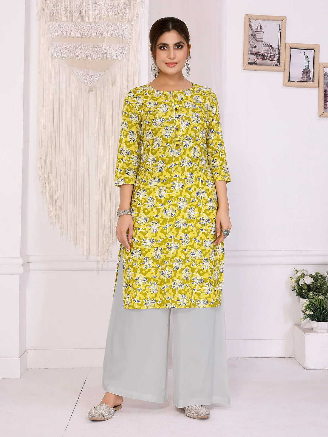 Buy Rayon Printed Straight Knee Length Kurta-Yellow