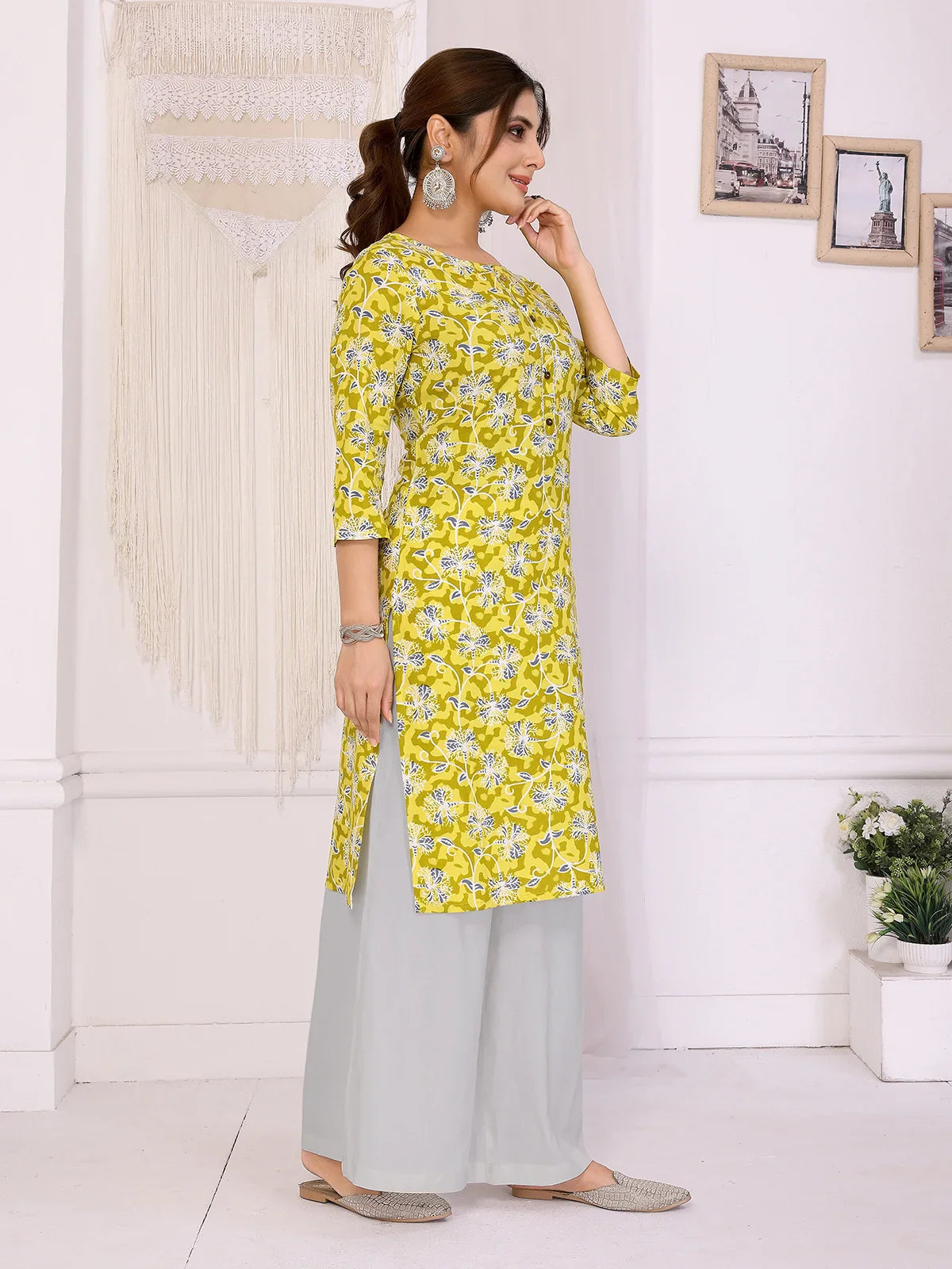 Buy Rayon Printed Straight Knee Length Kurta-Yellow