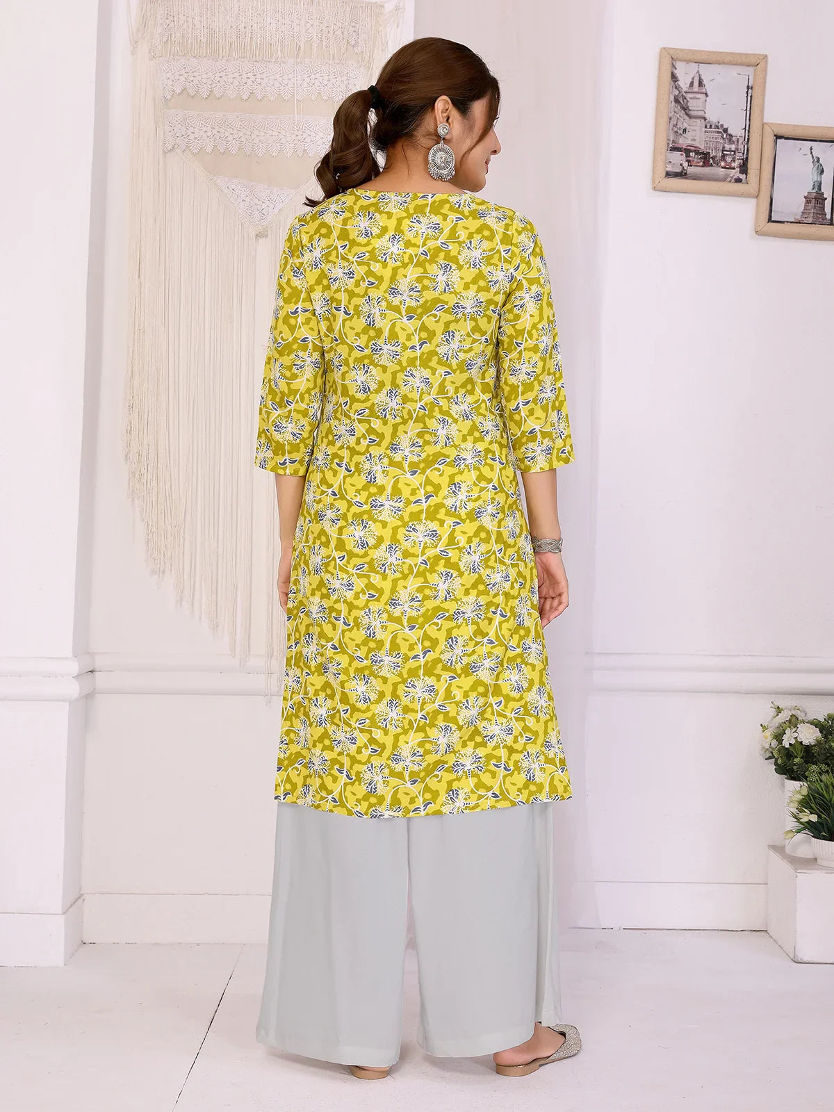 Buy Rayon Printed Straight Knee Length Kurta-Yellow