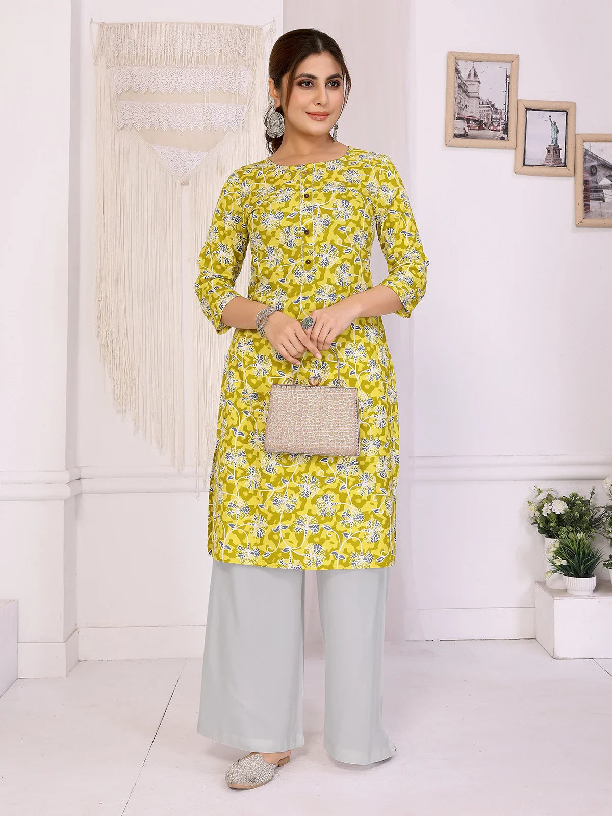 Buy Rayon Printed Straight Knee Length Kurta-Yellow