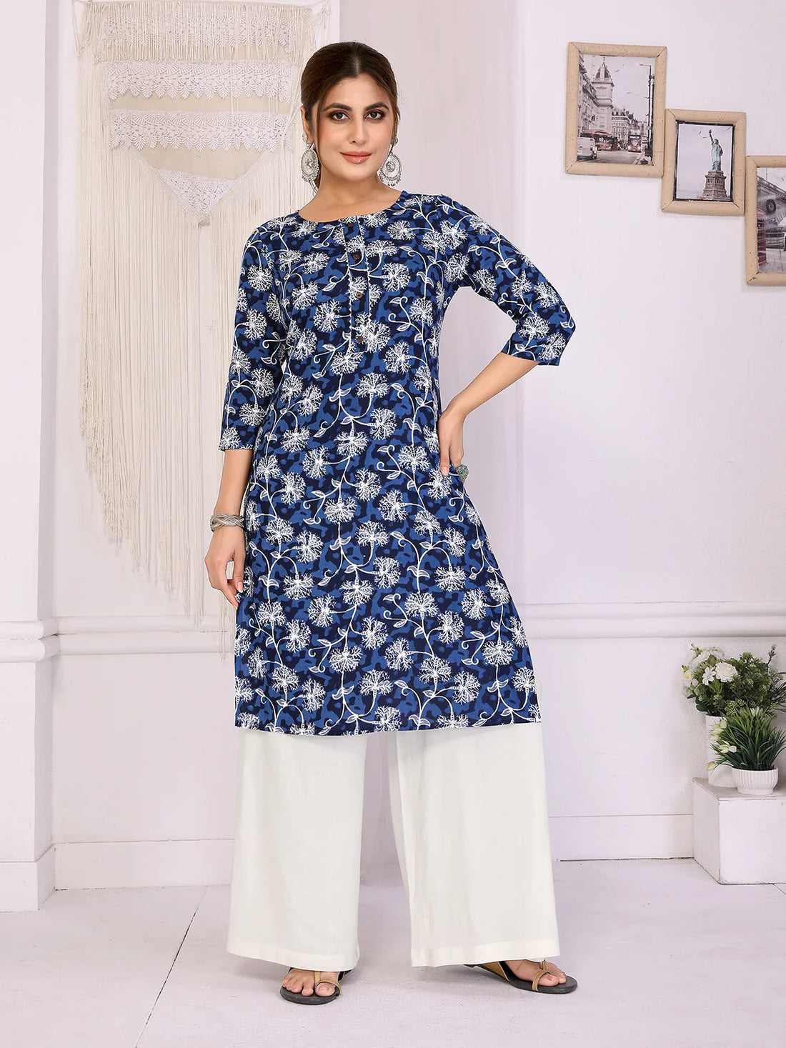Buy Rayon Printed Straight Knee Length Kurta-Blue