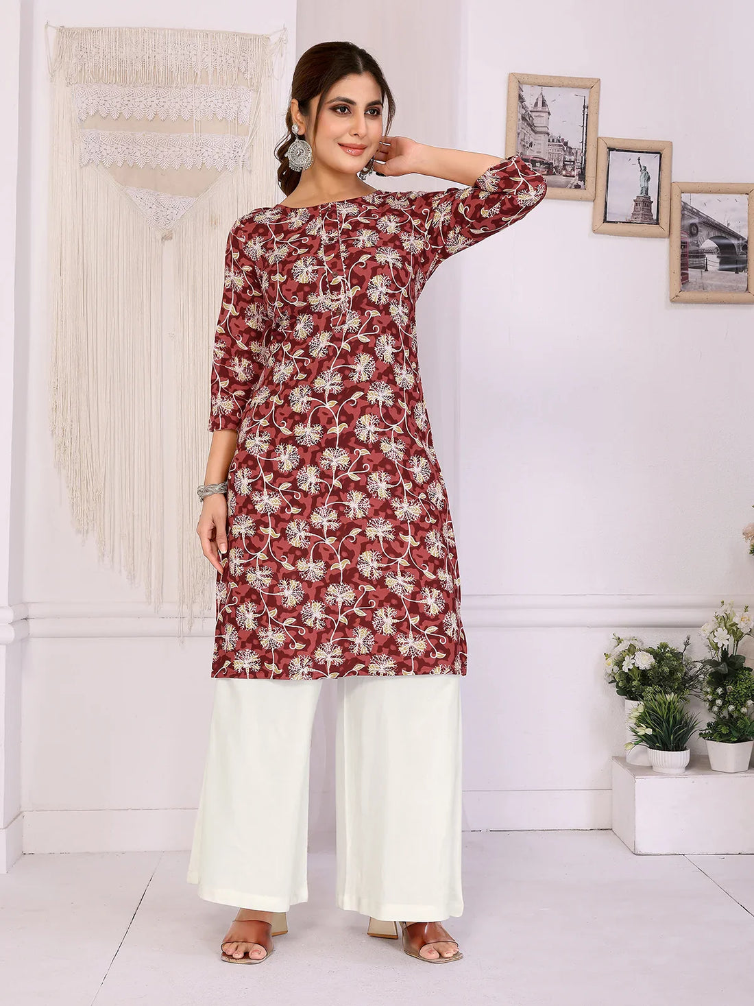 Buy Rayon Printed Straight Knee Length Kurta-Red