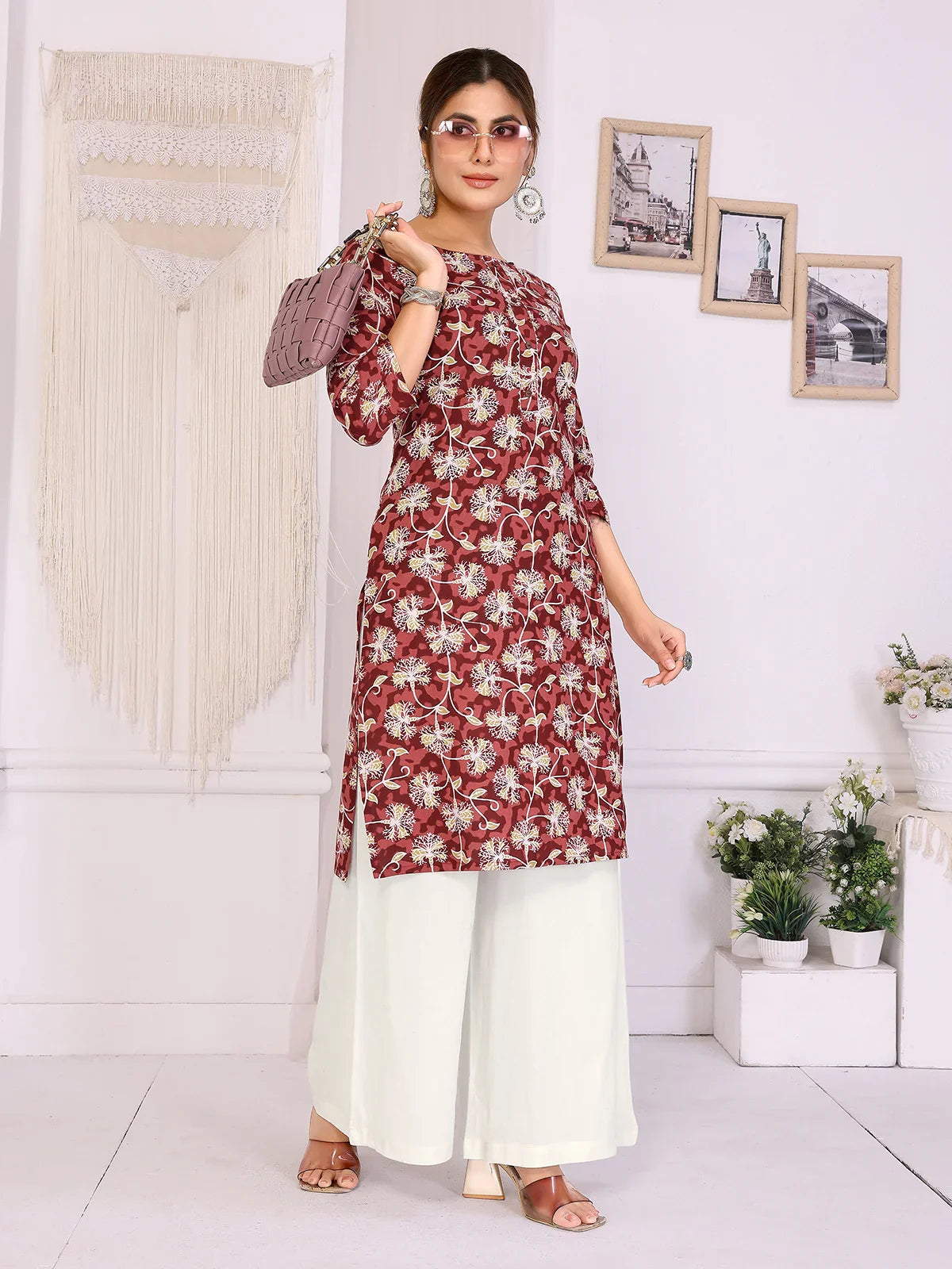 Buy Rayon Printed Straight Knee Length Kurta-Red