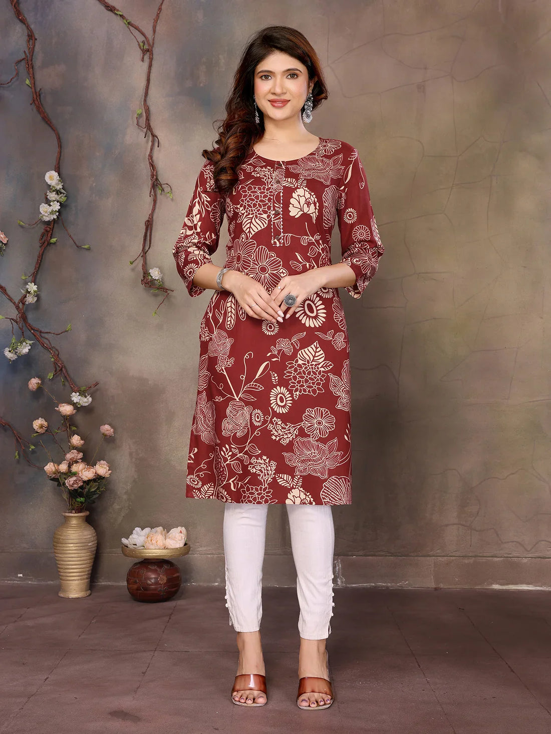 Buy Rayon Printed Straight Knee Length Kurta-Brown