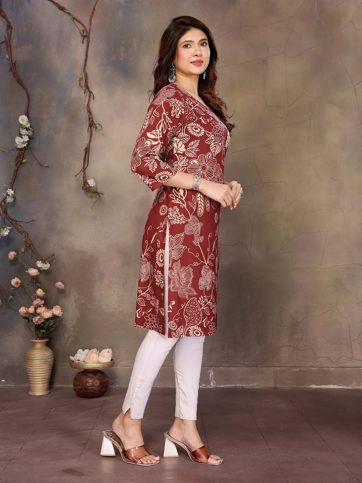 Buy Rayon Printed Straight Knee Length Kurta-Brown
