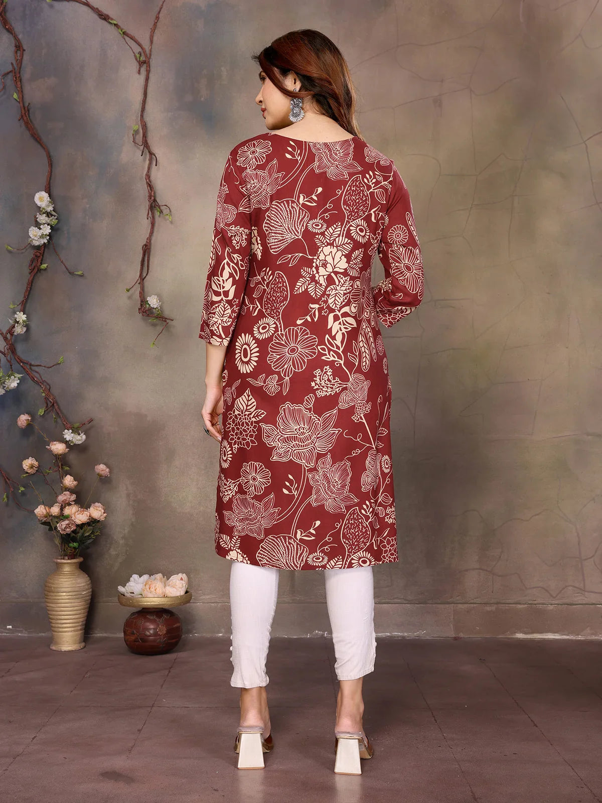 Buy Rayon Printed Straight Knee Length Kurta-Brown