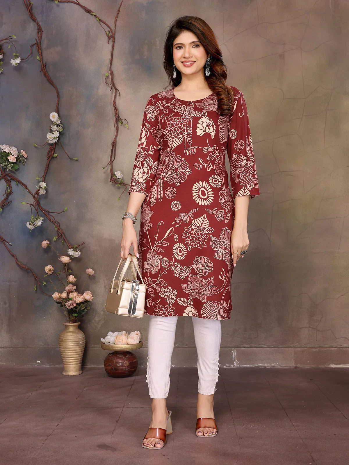 Buy Rayon Printed Straight Knee Length Kurta-Brown