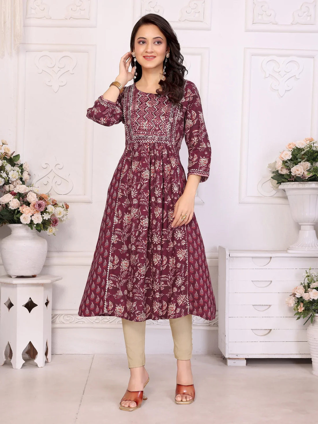 Buy Rayon Embroidered Flared Calf Length Kurta-Maroon
